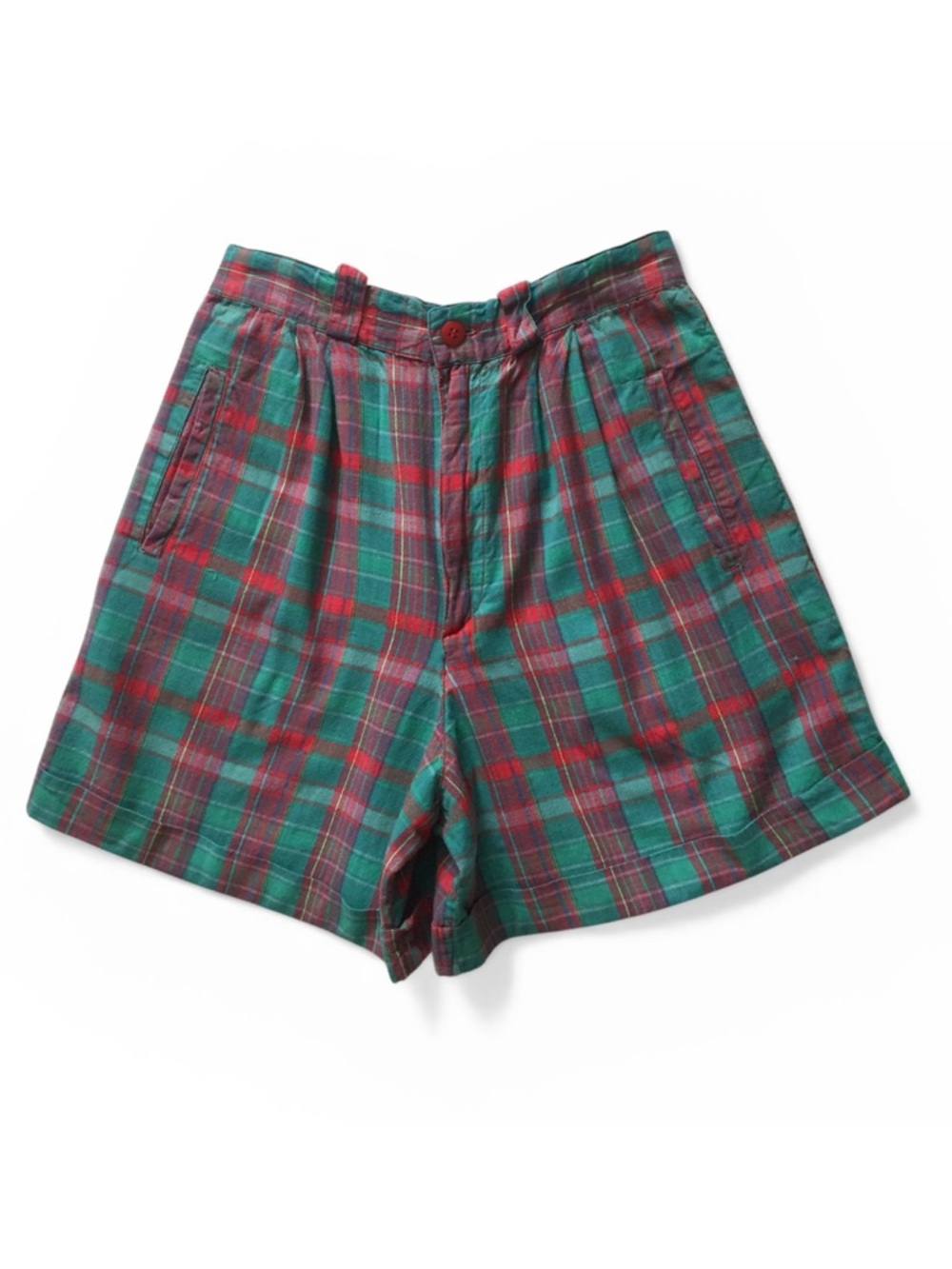Vintage 80s Ultra Fun Peddlers Cotton Shorts Green and Red Plaid Juniors Size 9 - Picture 1 of 12